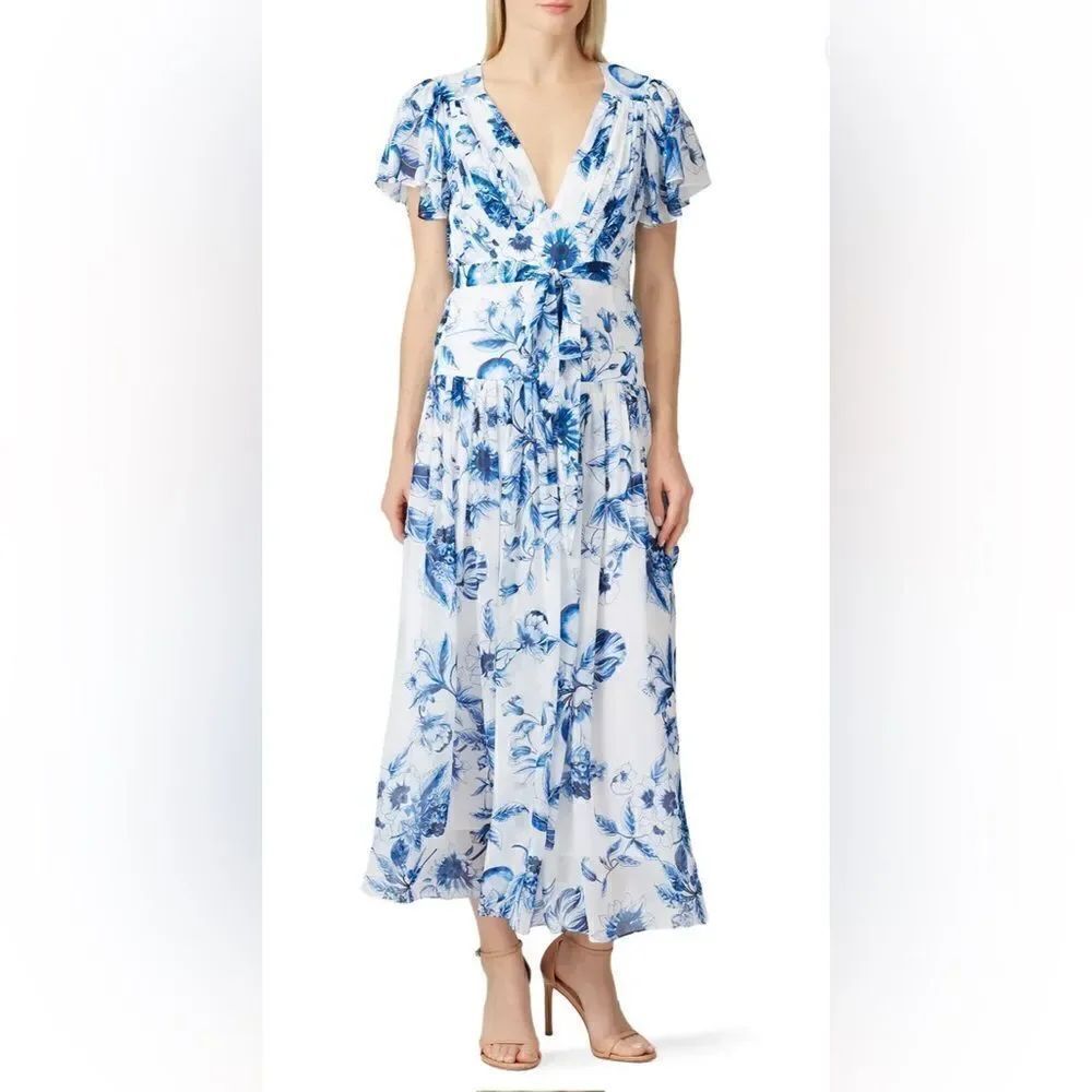 Monique Lhuillier Floral Tie Waist Maxi Dress Size 6